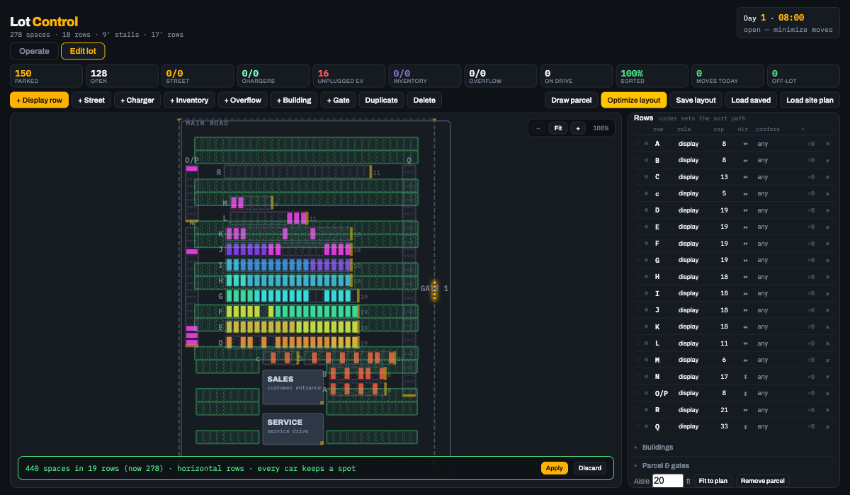 Lot Control showing a green preview of a regenerated layout and its capacity change
